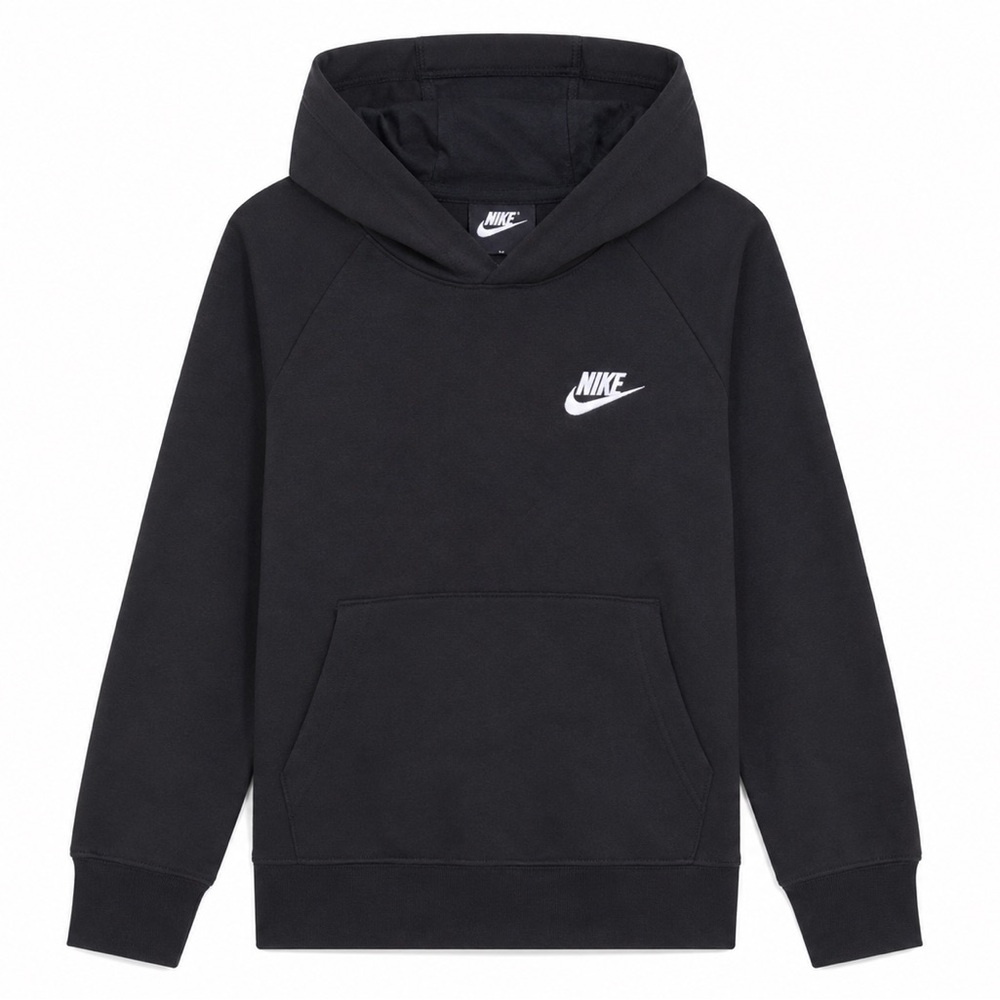 Youth Nike Club Fleece Pullover Hoodie Black W/ White Swoosh Logo Size XL